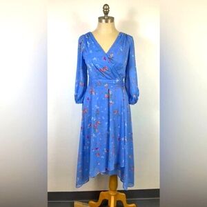 DKNY Women's Sky Blue Floral Print Maxi Dress Balloon Sleeves Zipper Back, sz 2